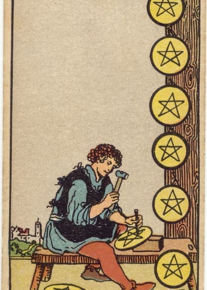Eight of Pentacles tarot card, upright artwork