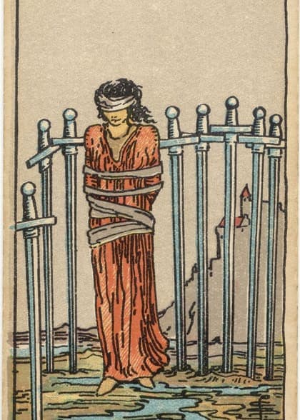 Eight of Swords tarot card, upright artwork
