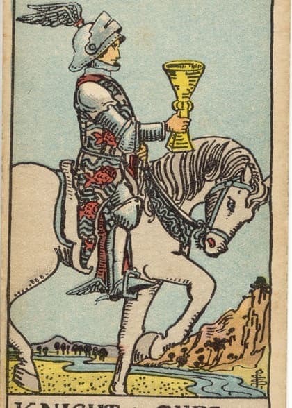 Knight of Cups tarot card, upright artwork