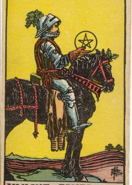 Knight of Pentacles tarot card, upright artwork