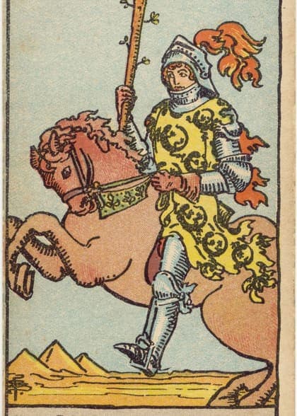 Knight of Wands tarot card, upright artwork
