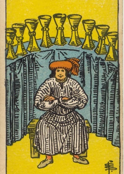 Nine of Cups tarot card, upright artwork