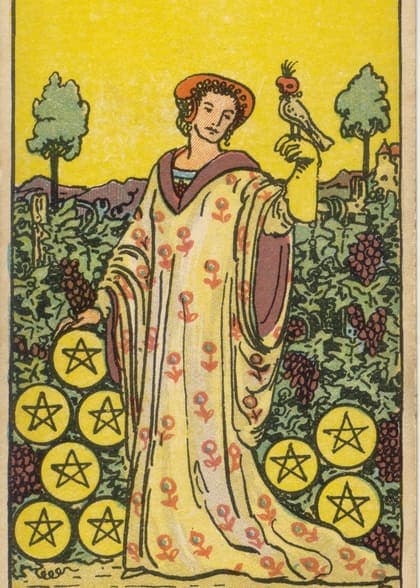 Nine of Pentacles tarot card, upright artwork
