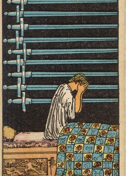 Nine of Swords tarot card, upright artwork