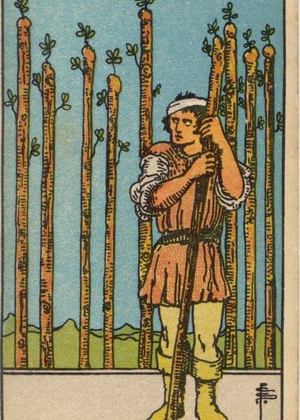 Nine of Wands tarot card, upright artwork