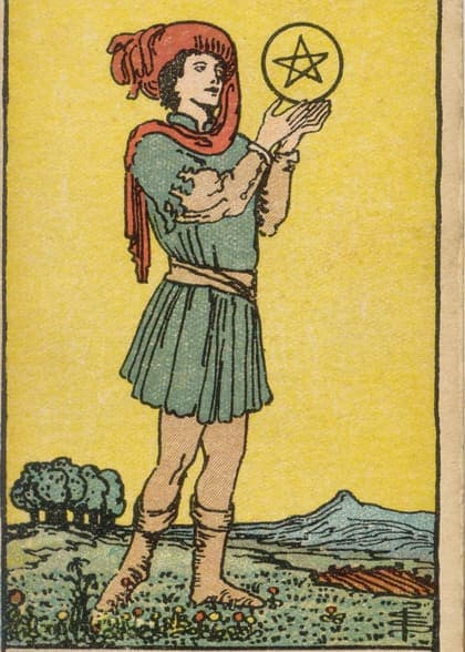 Page of Pentacles tarot card, upright artwork