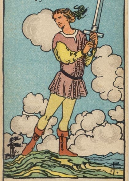 Page of Swords tarot card, upright artwork