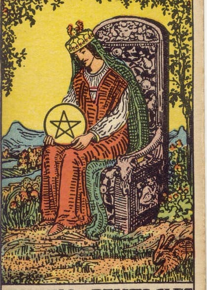 Queen of Pentacles tarot card, upright artwork