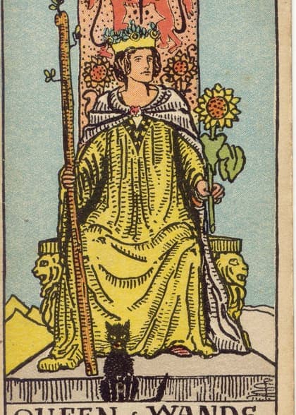 Queen of Wands tarot card, upright artwork
