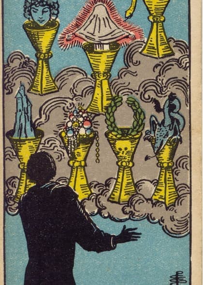 Seven of Cups tarot card, upright artwork