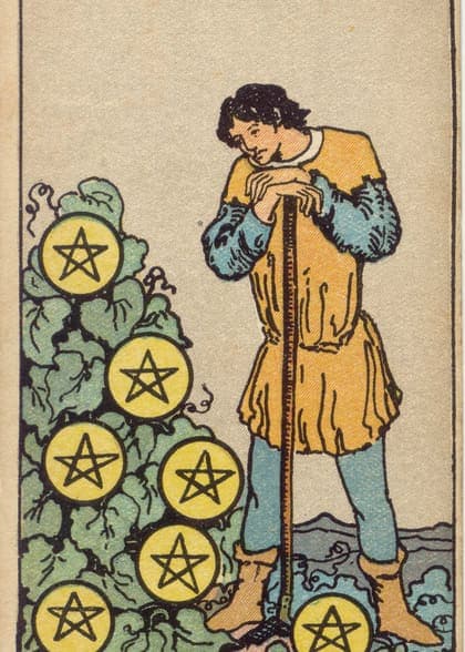 Seven of Pentacles tarot card, upright artwork