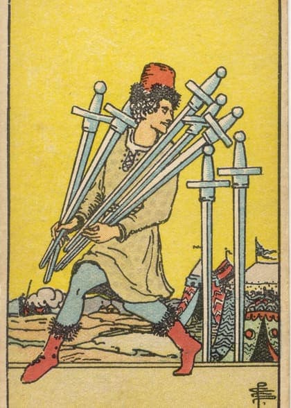 Seven of Swords tarot card, upright artwork
