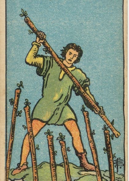Seven of Wands tarot card, upright artwork