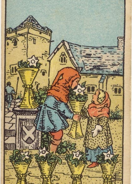 Six of Cups tarot card, upright artwork