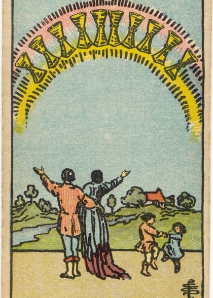 Ten of Cups tarot card, upright artwork