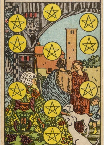 Ten of Pentacles tarot card, upright artwork