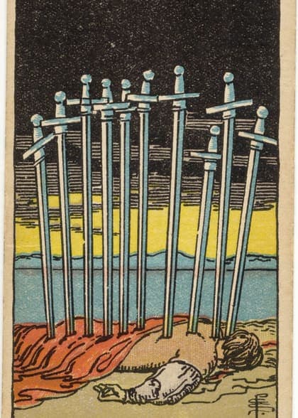 Ten of Swords tarot card, upright artwork