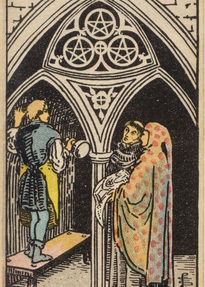 Three of Pentacles tarot card, upright artwork