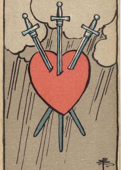 Three of Swords tarot card, upright artwork