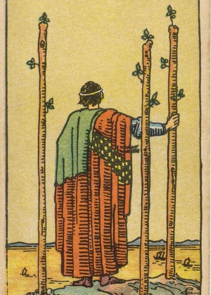 Three of Wands tarot card, upright artwork