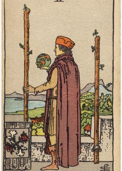 Two of Wands tarot card, upright artwork