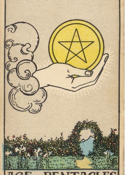 Ace of Pentacles tarot card, upright artwork