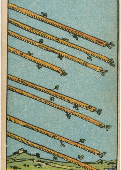 Eight of Wands tarot card, upright artwork