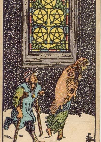 Five of Pentacles tarot card, upright artwork