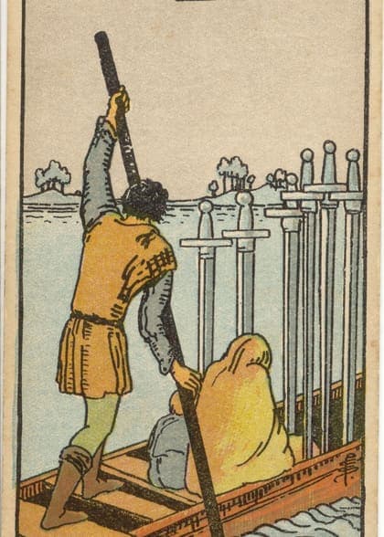 Six of Swords tarot card, upright artwork