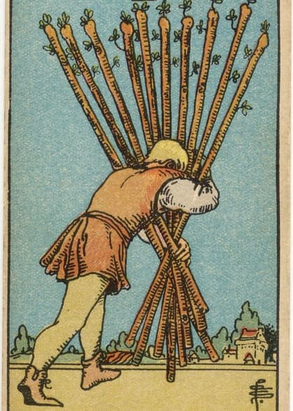 Ten of Wands tarot card, upright artwork