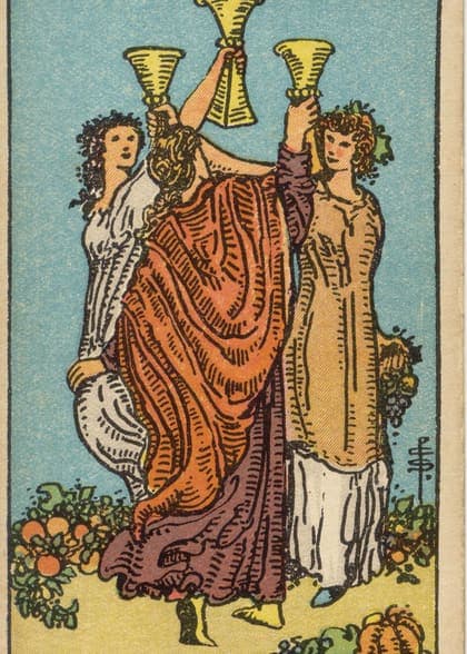 Three of Cups tarot card, upright artwork
