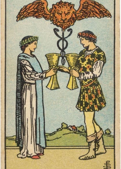Two of Cups tarot card, upright artwork