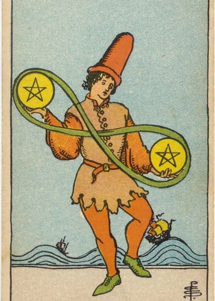 Two of Pentacles tarot card, upright artwork